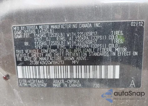 2012 Toyota Rav4 from USA, damaged, VIN 2T3BF4DV2CW194213